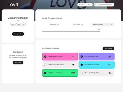 LOVB — Teams to Follow account dashboard design follow league product design screen settings sport ui ux web web design website