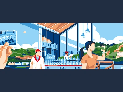 Fonti del Vulture - Panel illustration bottle character drink environment factory flat geometric hand illustration lake mountain nature picture production water