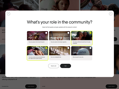 LOVB — Onboarding Modal account community design follow league modal onboarding product design screen select sign up sport ui ux web web design website