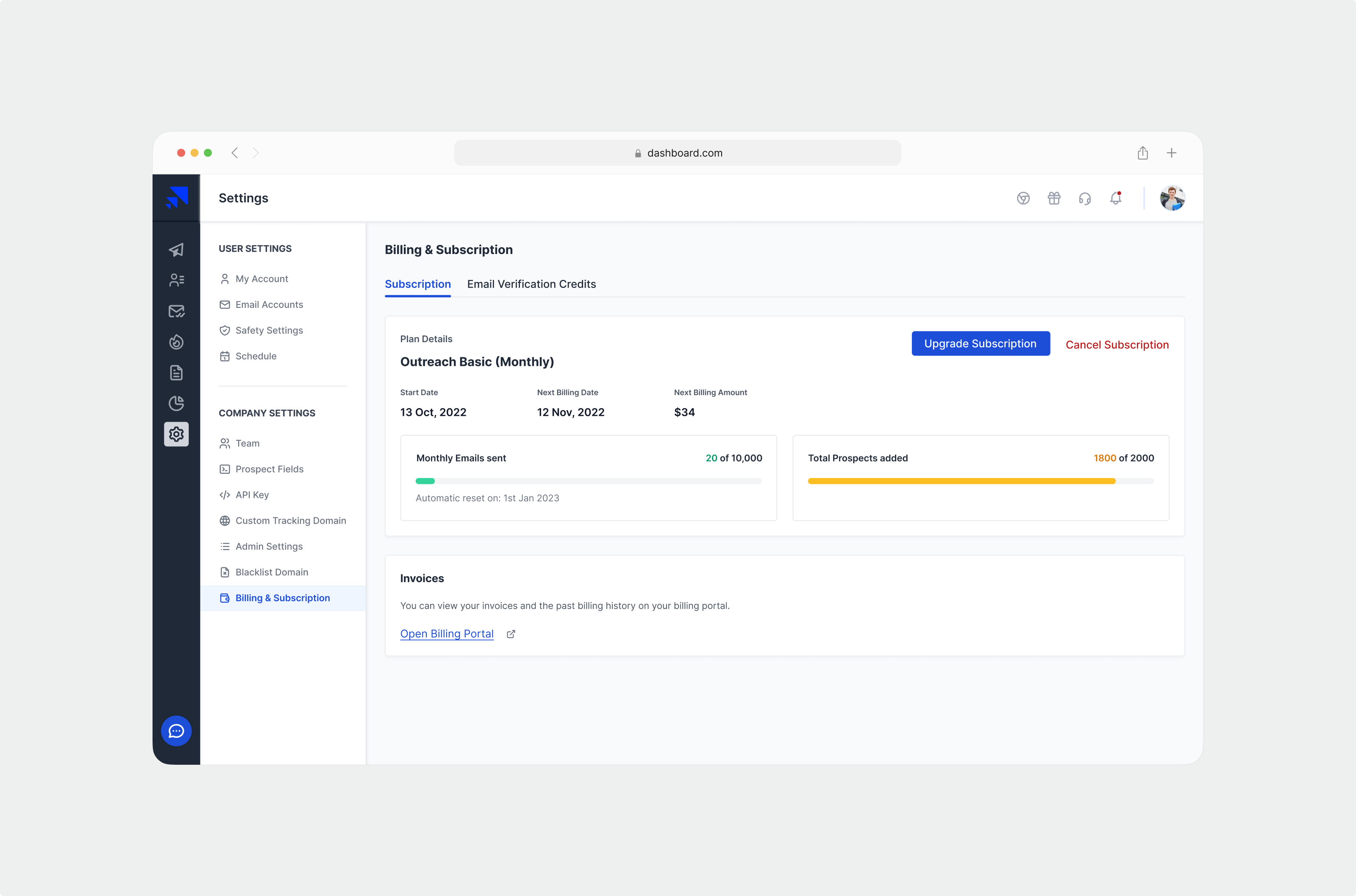 Billing & Subscription admin panel billing billing subscription billing ui cold email cold emailing tool dashboard design internal web app product design saas subscription ui