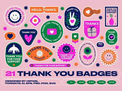 Thank You Badges & Stickers badge bird flower gift graphic design gratitude online order package packaging postal cards postcards print shop smiley sticker sun thank you thanks