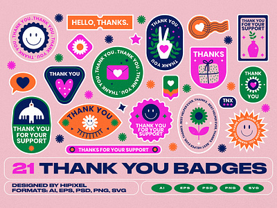 Thank You Badges & Stickers badge bird flower gift graphic design gratitude online order package packaging postal cards postcards print shop smiley sticker sun thank you thanks