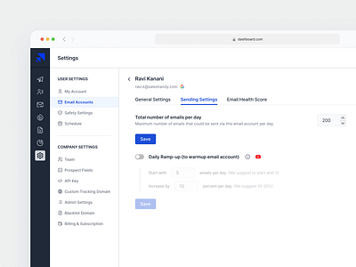 Settings | Cold Emailing account setings admin panel dashboard dashboard settings design email accounts internal web app product design saas settings settings ui ui