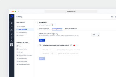 Settings | Cold Emailing account setings admin panel dashboard dashboard settings design email accounts internal web app product design saas settings settings ui ui