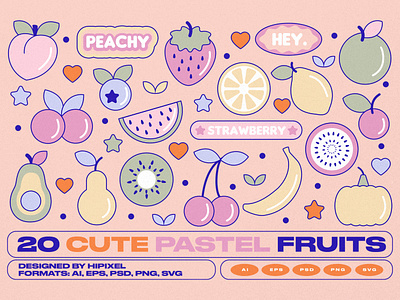 Cute Pastel Fruits Stickers apple avacado badge banana berry cherry cute fruit lemon pastel peach pumpkin sticker strawberry summer watermelon