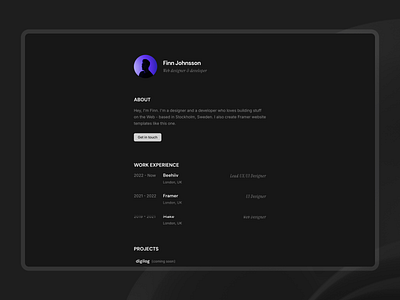 Portfolio Website Template dark mode design framer framer template landing page light mode minimal modern one page website portfolio sleek template text based ui