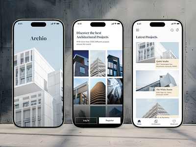 Archio Mobile App app ui archio architects architecturaldesig architecture branding buildingdesign colorpalette creativeprocess inspiration minimaldesign mobile app design mobileapp modernarchitecture natureinspired saas ui user experience user interface ux