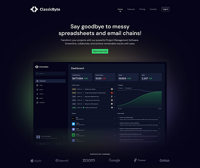 Dark theme project management software branding dark dark theme landing landing page logo management marketing project project management software theme ui ux