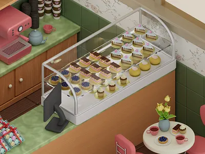 Isometric 3D cafe 3d cafe cake cute design for social media illustration isometric