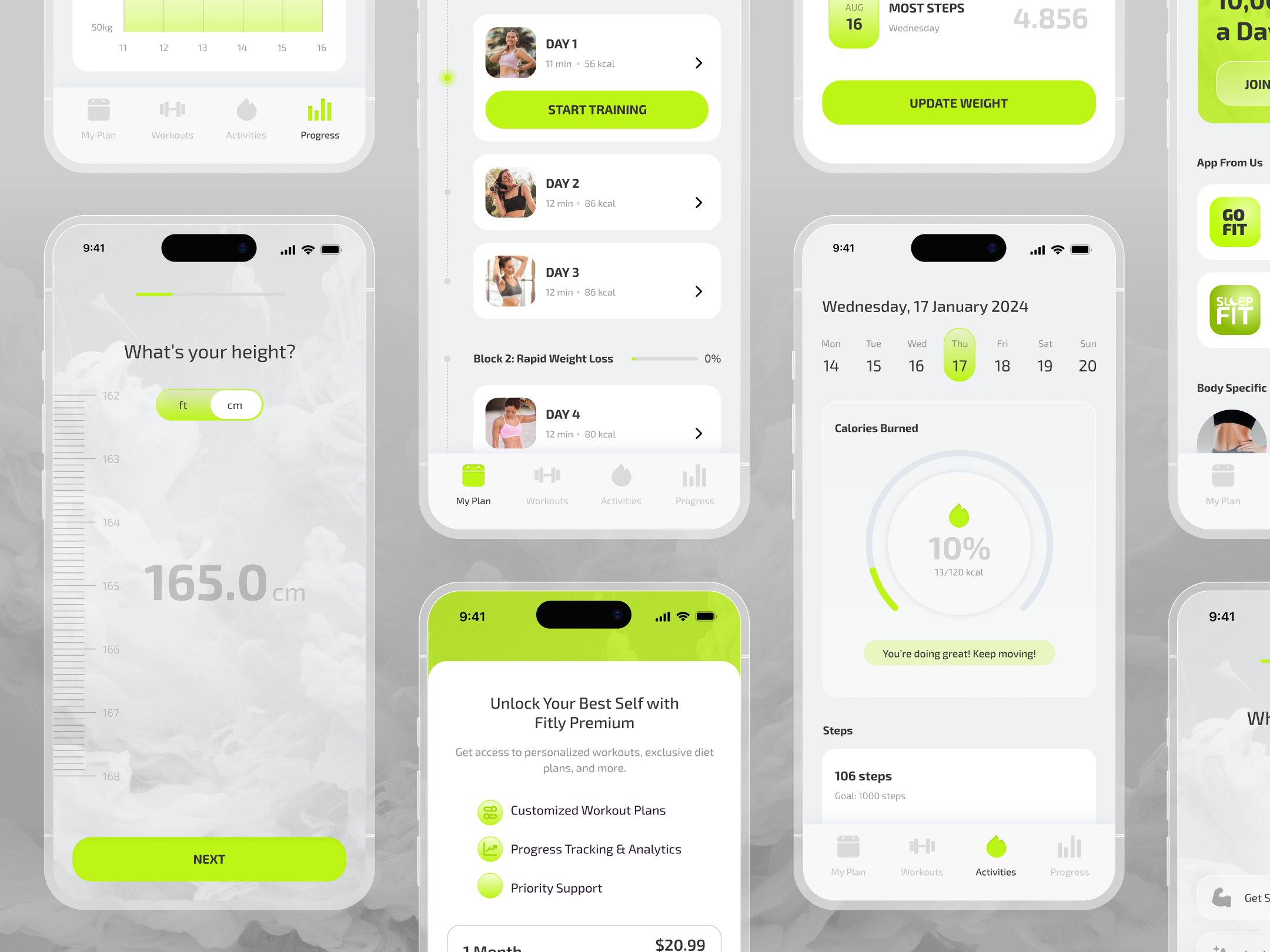 Fitly | Mobile App Design💪 app branding clean design diet exercise fitness fresh glassmorphism health healthy life mobile service sport suarasa tracker ui website workout