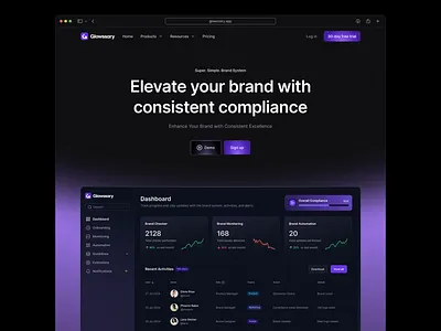 Glowssary Landing page brand brandconsistency brandmanagement chart creativedesign dashboard designsystem landingpage productdesign saas skeuomorphic ui uidesign ux uxdesign visualui