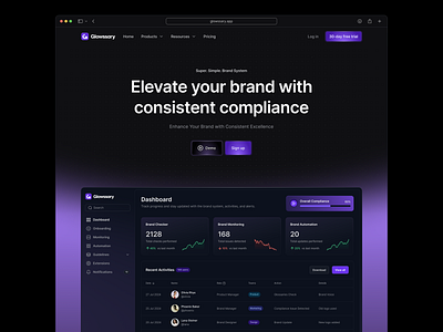 Glowssary Landing page brand brandconsistency brandmanagement chart creativedesign dashboard designsystem landingpage productdesign saas skeuomorphic ui uidesign ux uxdesign visualui