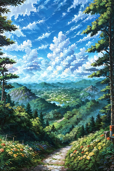 Serene Mountain Valley Path - Nature Landscape Art anime art illustration landscape nature