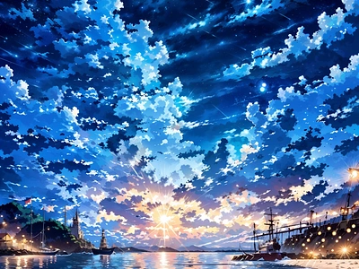 Dreamy Night Sky Over Coastal Harbor - Scenic Sunset Art anime art cloud illustration landscape nature night sky