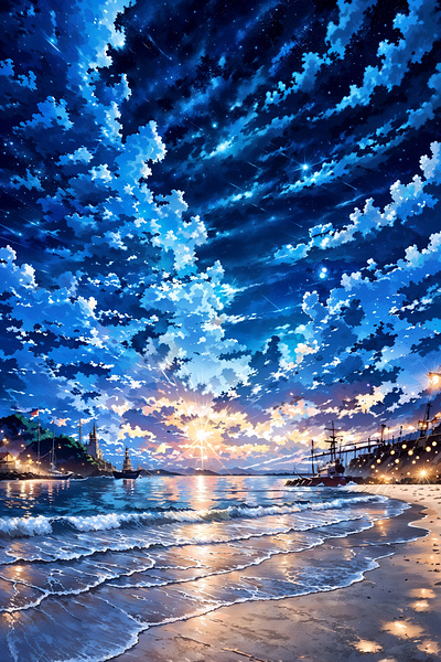 Dreamy Night Sky Over Coastal Harbor - Scenic Sunset Art anime art cloud illustration landscape nature night sky