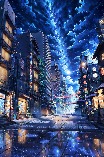 Night Dreams: Starlit Urban Oasis anime art cloud illustration landscape nature night