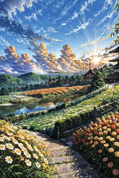 Serenity's Dawn: Countryside Bliss anime art cloud illustration landscape nature