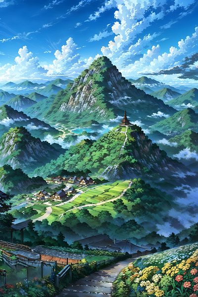 Mystic Mountain Haven: Anime-Inspired Paradise anime art cloud illustration landscape mountains nature