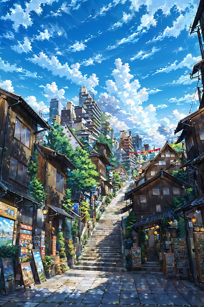 Charming Urban Alleyway - Cityscape Art anime art cloud illustration landscape nature