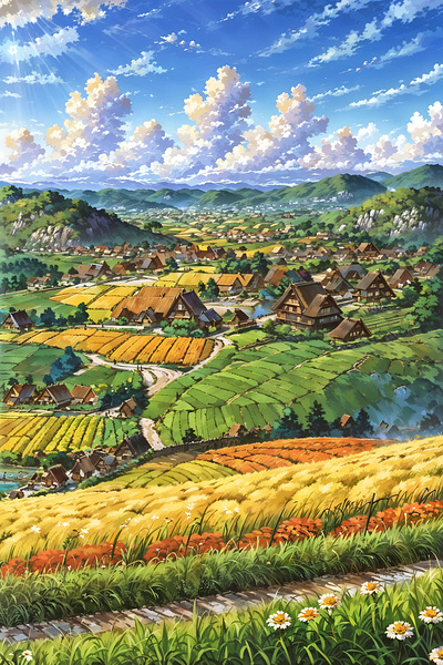 Idyllic Countryside Village - Serene Landscape Art anime art cloud illustration landscape nature