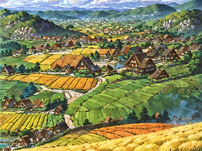 Idyllic Countryside Village - Serene Landscape Art anime art cloud illustration landscape nature