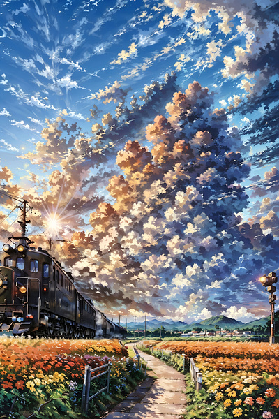 Sunset Train Journey - Captivating Countryside Art anime art cloud illustration landscape nature