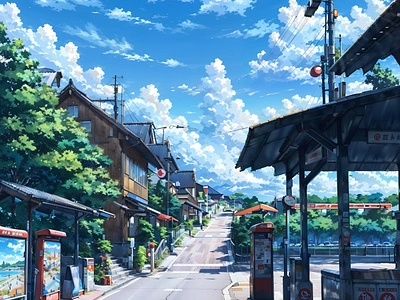 Peaceful Village Street - Serene Countryside Art anime art cloud illustration landscape nature