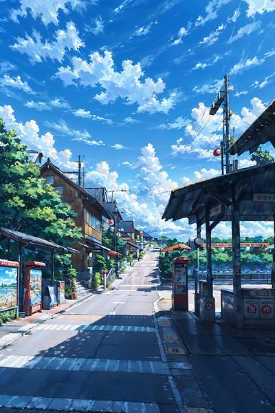 Peaceful Village Street - Serene Countryside Art anime art cloud illustration landscape nature