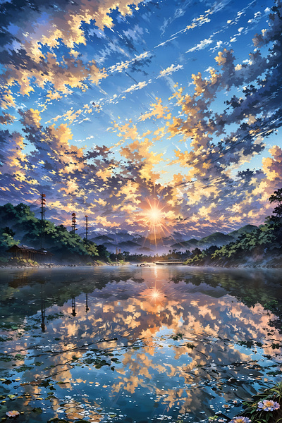 Sunset Reflection - Serene Lakeside Artwork anime art cloud illustration landscape nature