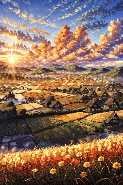 Golden Harvest - Tranquil Village at Sunset anime art cloud illustration landscape nature