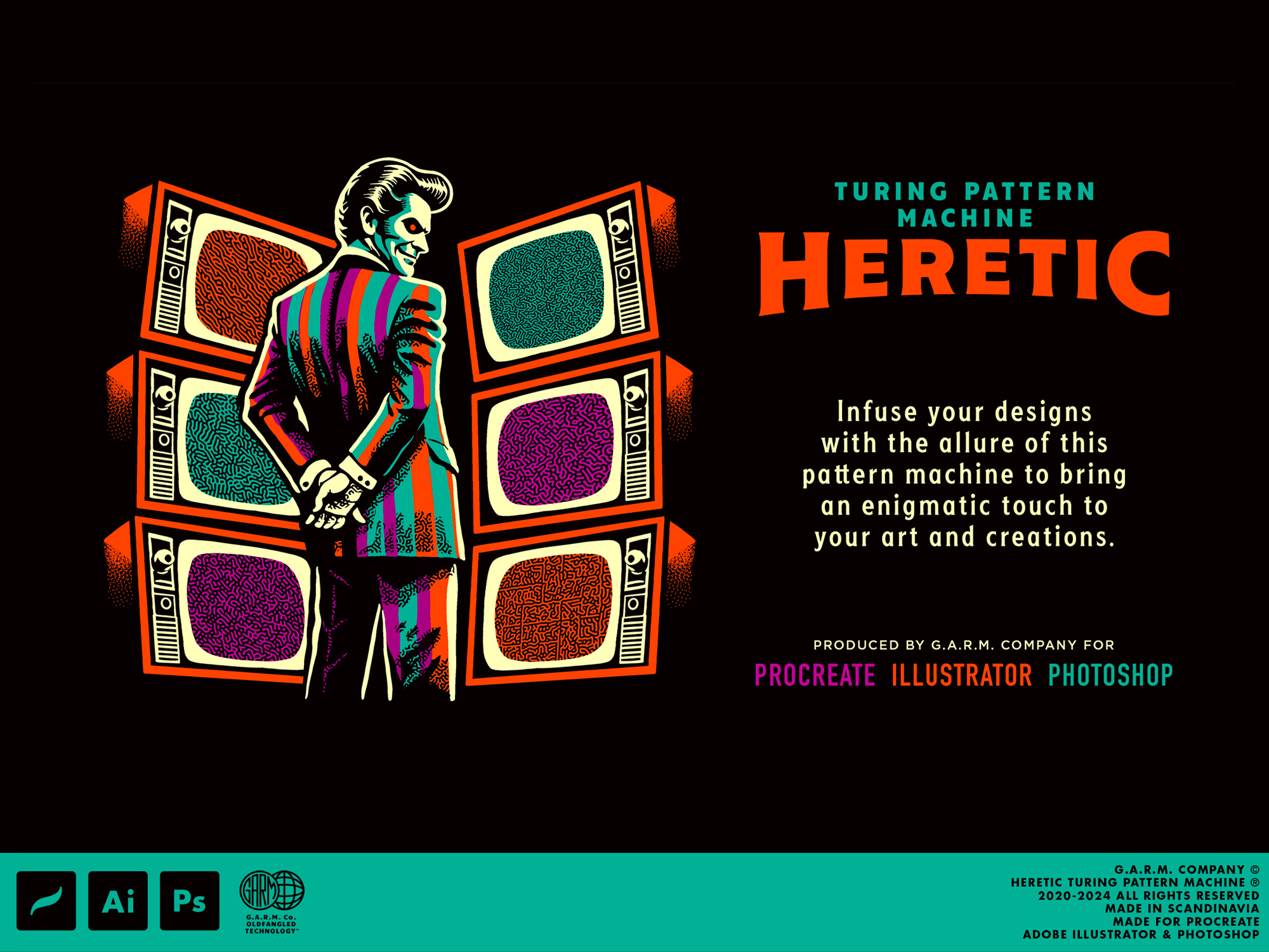Heretic - Turing Pattern Machine action set brush set color palettes g.a.r.m. co. garm company growcase heretic turing pattern machine illustrator pattern photoshop procreate swatches
