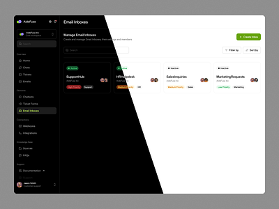 Aidefuse - AI-Powered Support Platform ai ai chat ai dashboard ai support chat support dark color dashboard dashboard ui design ecommerce support light color marketplace support sass support ui ux web app web design