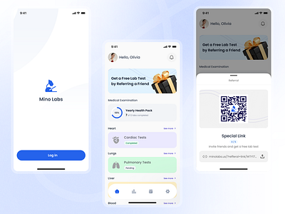 Mino Labs App Interface for Test Tracking ai ai app ai powered app app design health app health tech healthcare healthcare app interface design medical app medical application mobile app mobile interface product product design test tracking user experience user interface