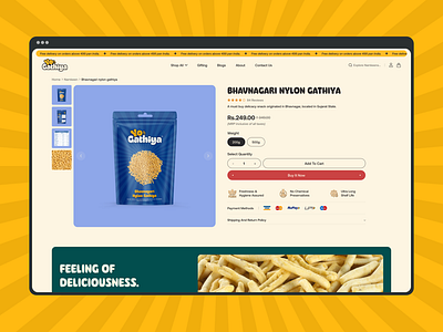 Product page for the Indian Snacks Treat: Yo Gathiya aboxagency branding design e commerce website food products grocery store online marketplace online shopping product catalog product details product information product page design product reviews responsive design shopify development uiux design web design web development services website development yo gathiya