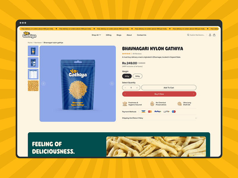 Product page for the Indian Snacks Treat: Yo Gathiya aboxagency branding design e commerce website food products grocery store online marketplace online shopping product catalog product details product information product page design product reviews responsive design shopify development uiux design web design web development services website development yo gathiya