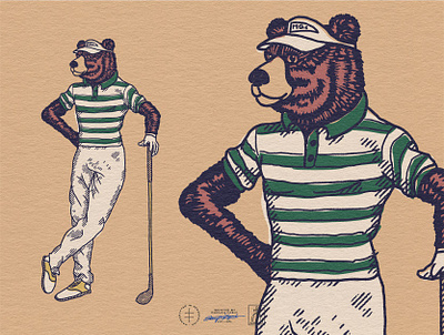 Mulligan's Grooming Co. Mascot animal bear brand design brand identity branding branding design fashion golf golfer golfing hand drawn identity design logo logo design mascot mascot logo retro sport vintage visual identity