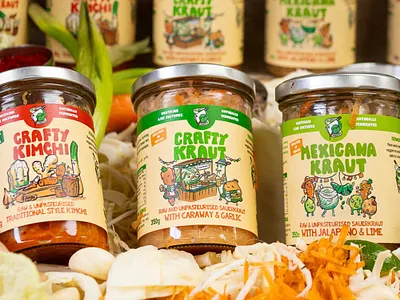 Crafty Pickle Co Rebranding and Packaging Design & Illustration cartoon craft craft design food illustration homemade food illustration label design logo redesign packaging packaging design sauerkraut