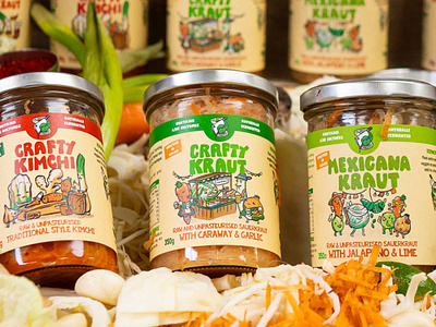 Crafty Pickle Co Rebranding and Packaging Design & Illustration cartoon craft craft design food illustration homemade food illustration label design logo redesign packaging packaging design sauerkraut