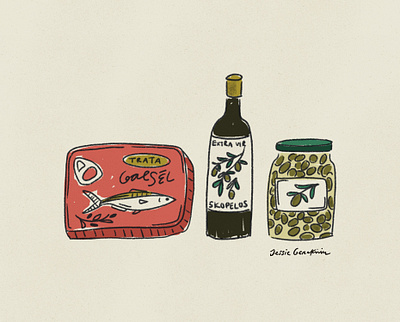 Greek Market canned goods farmers market fish illustration food illustration greece greek olives grocery market grocery story illustrator for hire imperfect doodle market market illustration olive oil olives pickles playful illustration sardine illustration sardines spot illustration wine