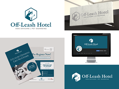 Off-Leash Hotel | Logo and Brand Design brand identity branding color pallete combination logo dog daycare dog logo eddm graphic design hexagon husky leash logo logo suite luxury brand marketing pet boarding pet hotel pool postcard design swim