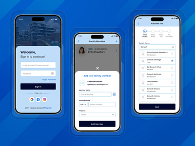 Society Management App UI add flat ui add new family member ui app design login ui mobile app ui society management app uiux design