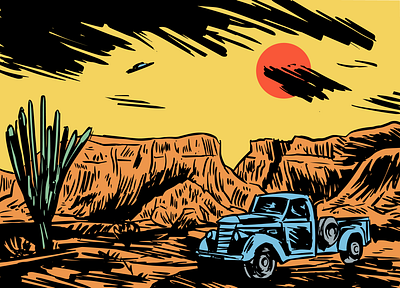 Unknown Mystery comic book desert digital ink old truck sketch ufo