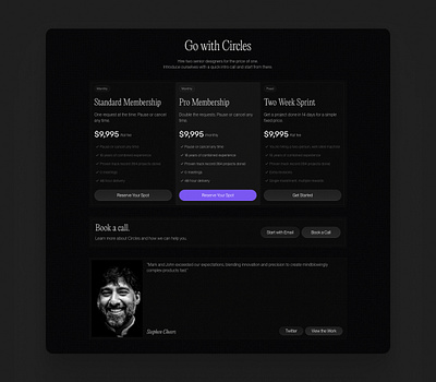 Dark mode pricing for Circles. agency circles dark mode pricing web design