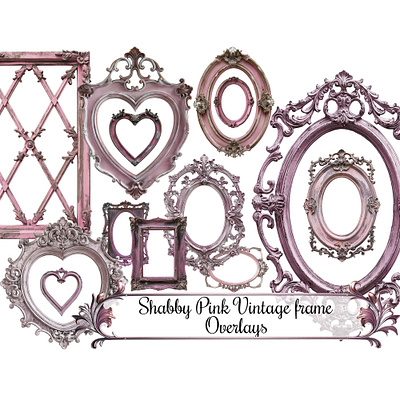 Shabby Pink Painted Wooden Frame Digital Overlays frame png overlays clip art frames pink shabby cottage style wooded