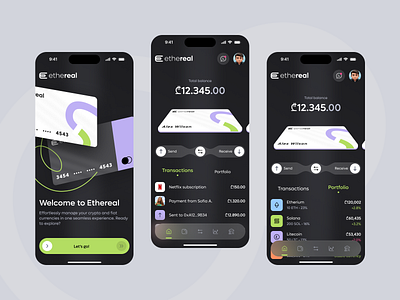 Ethereal | Mobile App UX/UI Design | Banking & Finances app bank account banking bitcoin credit card crypto wallet dark mode financial fintech mobile app transactions ui ui design ux wallet