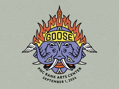 goose @ holmdel alive band bird elephant engage face fire flame flight goose heady ignite intense jam merch print tusk