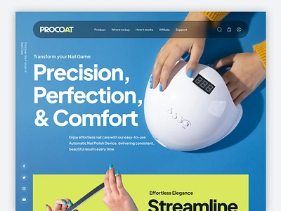 PROCOAT - Automatic Nail Care Device website automatic clean colorful design home home page landing landing page nail care nail polish nail polish device nails online store ui uiux web web design website