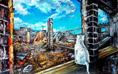 Ukrainian War Art with Cat and Shahed Dron, original acrylic art cat drone hand painted original acrylic painting paint painting sky ukraine ukrainian war