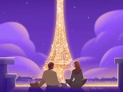 Moment 2danimation adobeillustrator animated animation artwork couple dream flatillustration illustration illustrator love night paris purple vector vectorart vectorillustration