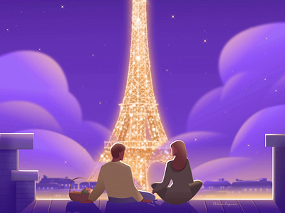 Moment 2danimation adobeillustrator animated animation artwork couple dream flatillustration illustration illustrator love night paris purple vector vectorart vectorillustration